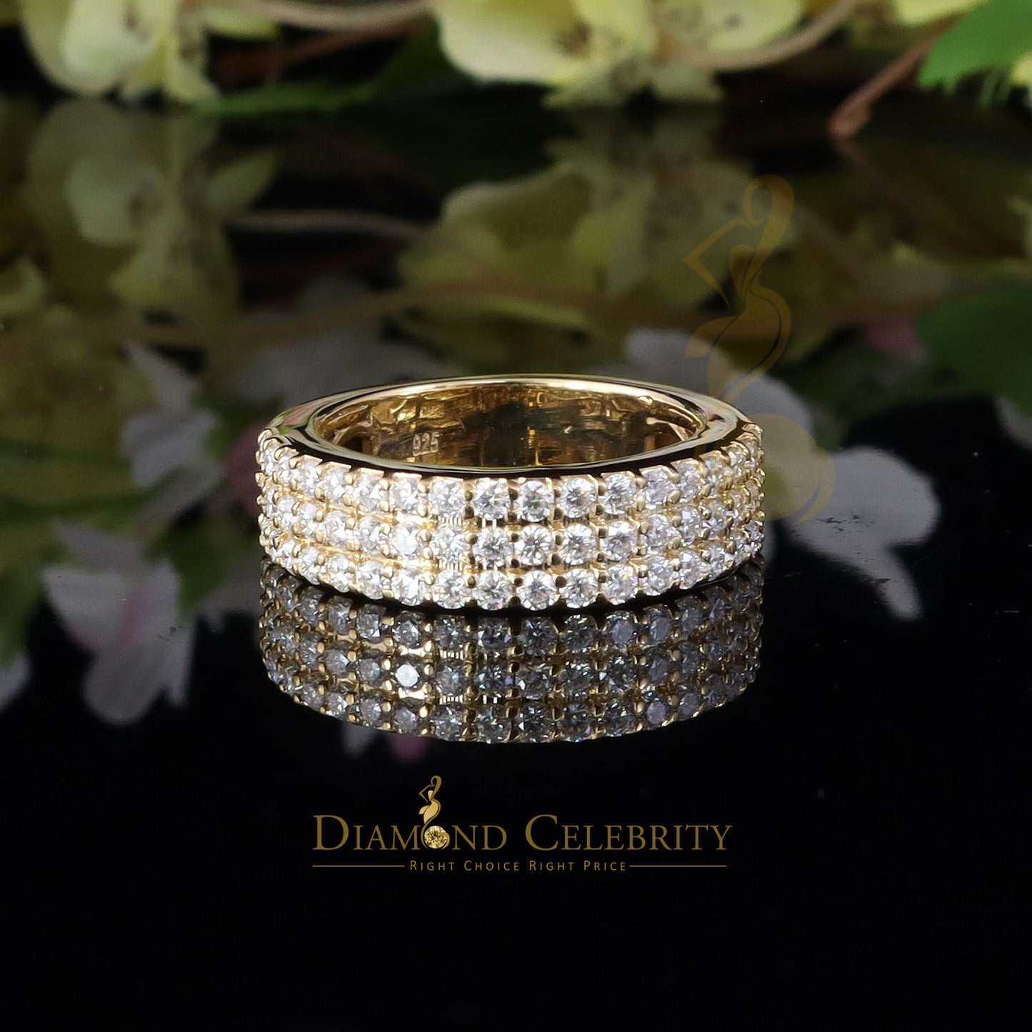 DiamondCelebritees Men's 925 Silver Yellow 2.00ct VVS D Moissanite 3 Row Wedding Band Ring Size 10