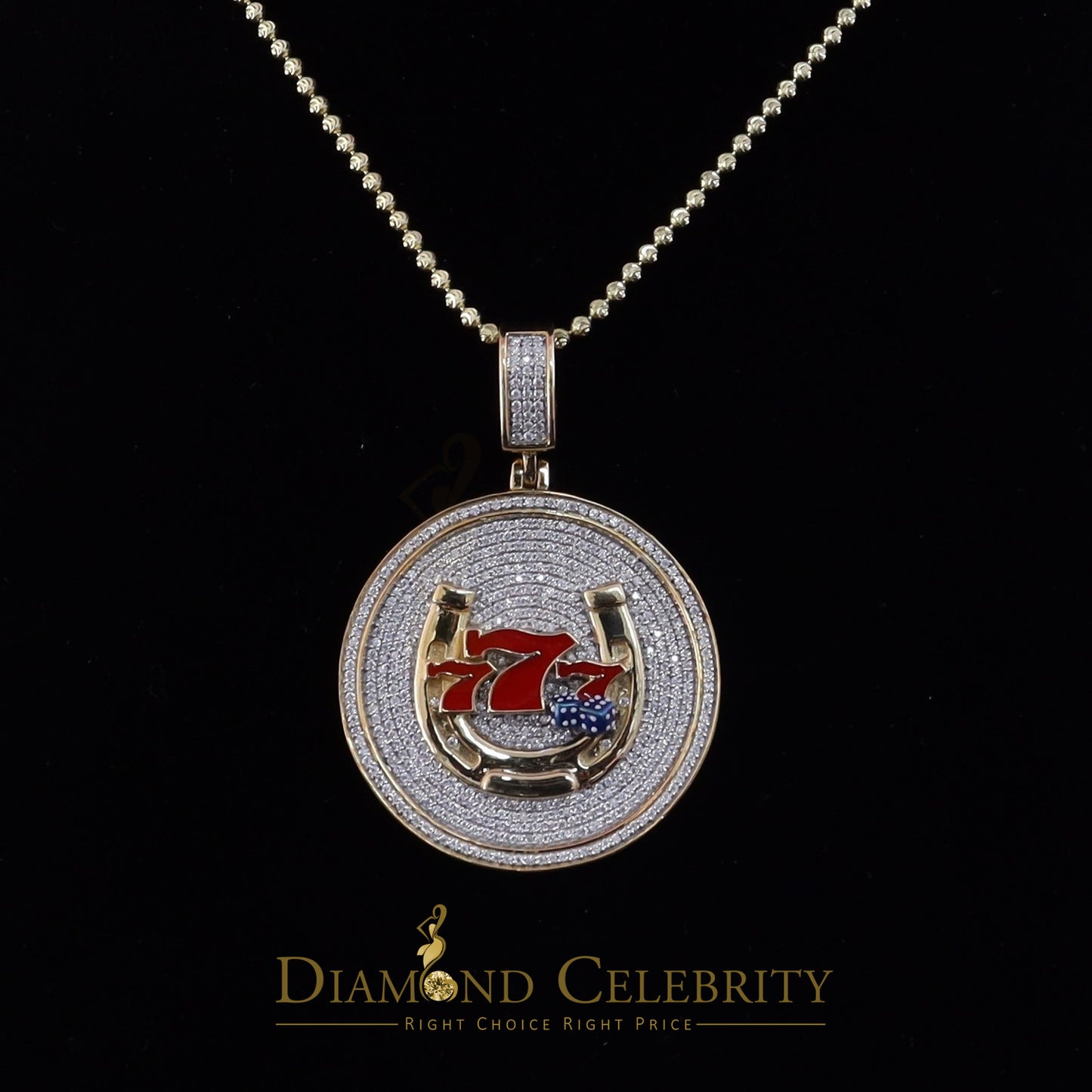 Diamondcelebritees Lucky 2.00ct Real Moissanite Yellow 925 Silver 777 W/Dice Horse Shoes Pendant