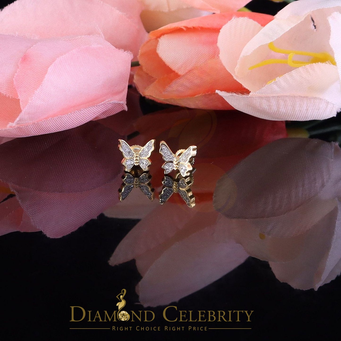 DiamondCelebritees Women's 0.10ct Real Diamond Butterfly Stud Earrings Yellow 925 Sterling Silver