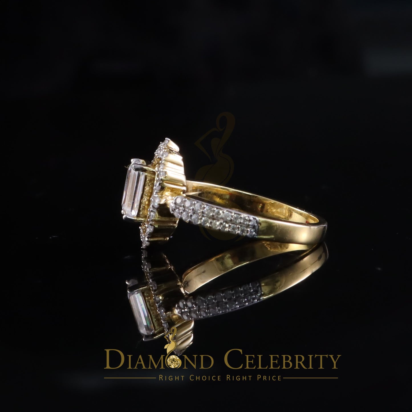 DiamondCelebritees Emerlard Cut 925 Yellow Silver 2.00ct VVS D Moissanite Enagement Lady Ring SZ 7