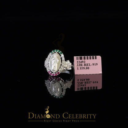 DiamondCelebritees White 925 Silver Saint Jude Thaddeus Pink & Green stone Women Religious Ring SZ7