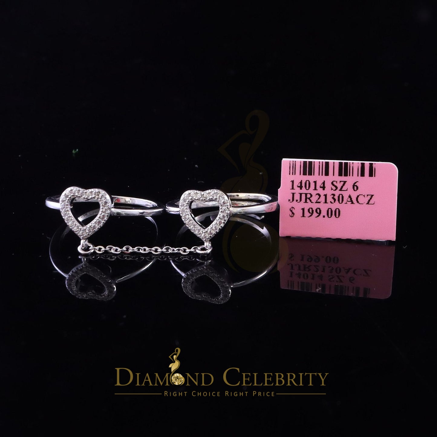 DiamondCelebritees Sterling White Silver 0.50ct Cubic Zirconia Heart Rings W/Connected Chain Size 6