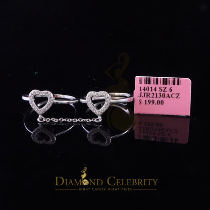 DiamondCelebritees Sterling White Silver 0.50ct Cubic Zirconia Heart Rings W/Connected Chain Size 6