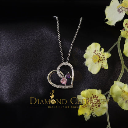 DiamondCelebritees  Two Stones Pink Blue Heart Solitaire 0.1ct Silver Diamonds White Charm Pendant