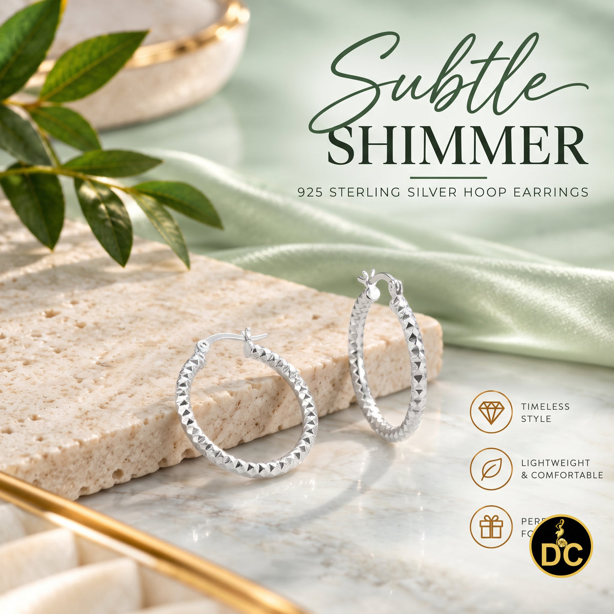 925 Sterling Silver Diamond-Cut Shimmering Honeycomb Textured 24mm Hoop Earrings