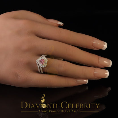 DiamondCelebritees Women's 925 Silver Yellow VVS 'D'1.66CT Pink Moissanite Heart Bridal Ring SZ 7