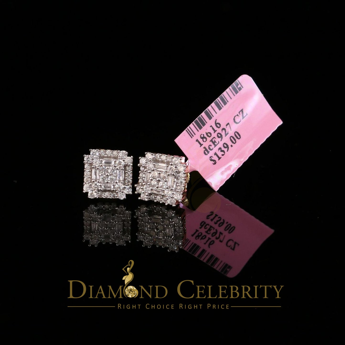 DiamondCelebritees  1.18ct Cubic Zirconia 925 Yellow Silver Women's & Men's Hip Hop Square Earrings