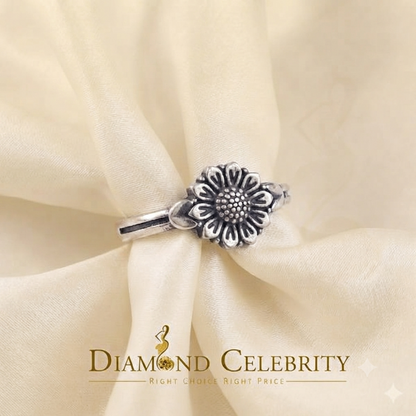 DiamondCelebritees White 925 Sterling Silver Oxidize Sunflower Spilt Shank Women's Ring SZ 7.5