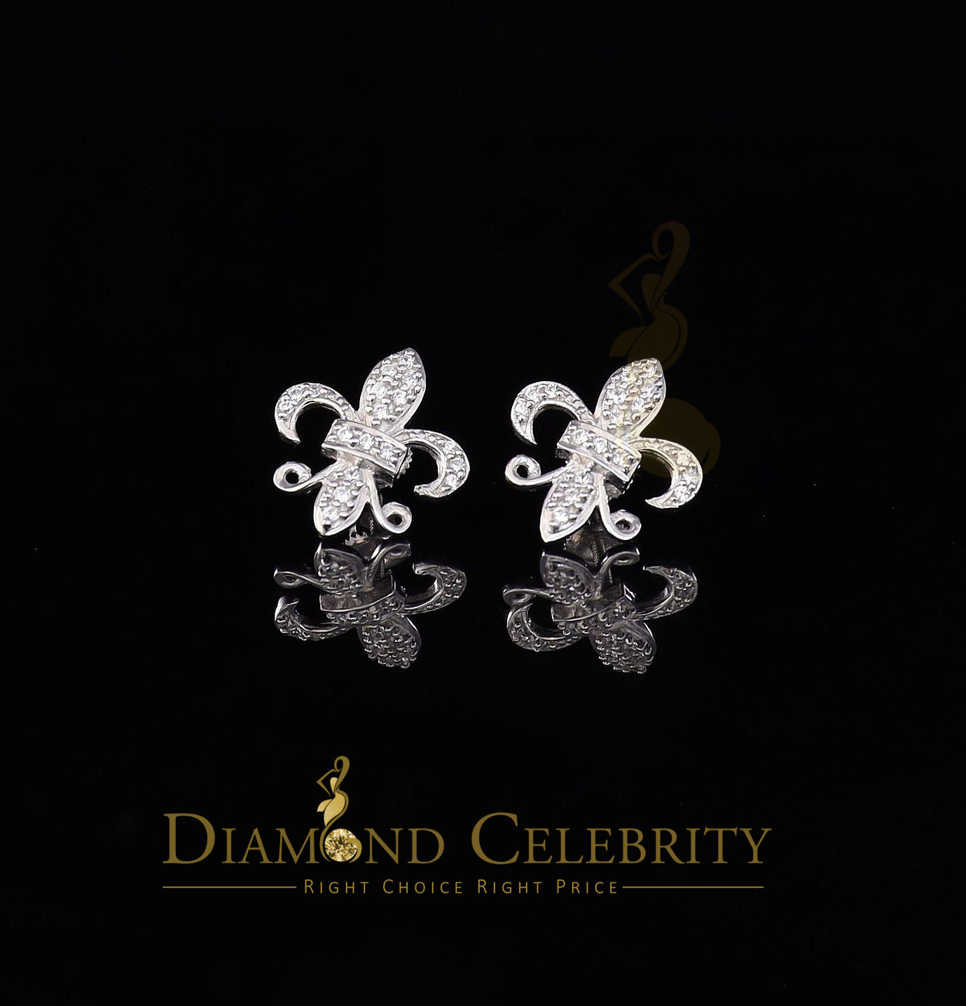 DiamondCelebritees  925 White Silver Women's Fleur de Lis Screw Back 0.36ct Cubic Zirconia Earrings