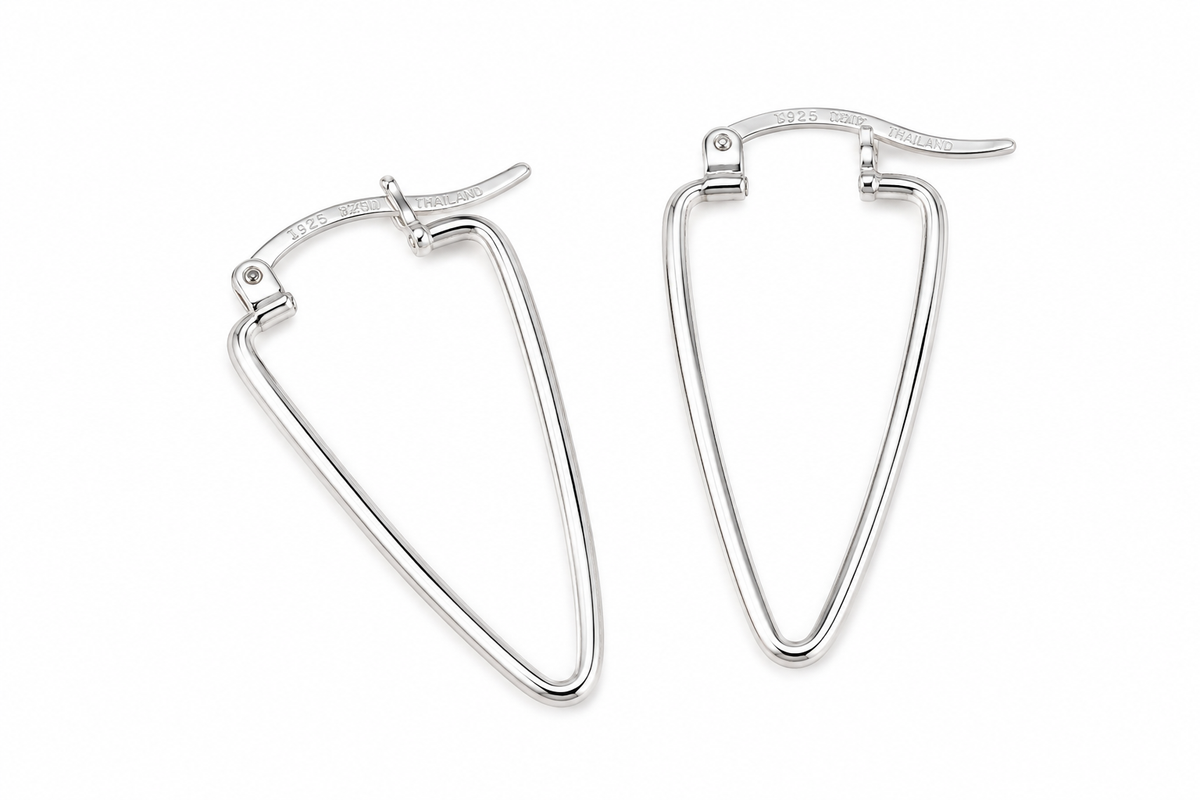 925 Sterling Silver Elongated Triangle long Shape High Polish 40mm Hoop Earrings