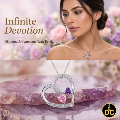 DiamondCelebritees  925 White Silver Double-Loop Open Heart W/Pink & Purple 0.01ct Diamond Pendant