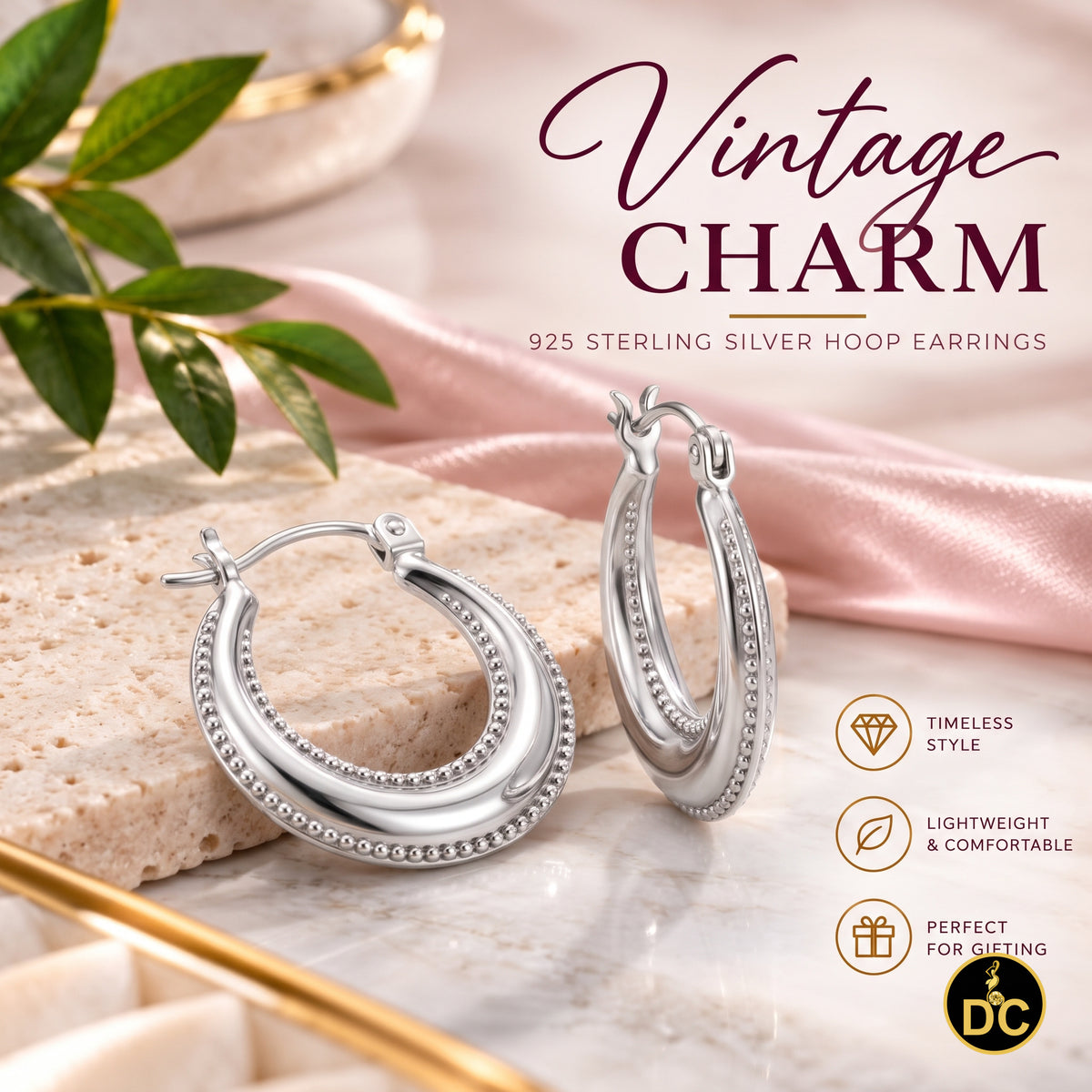 925 Sterling Silver Double-Row Beaded Hallow Vintage Balinese 15mm Hoop Earring