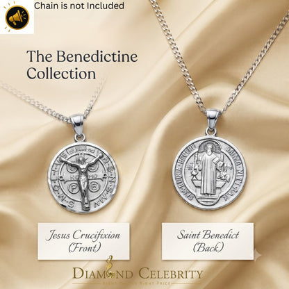DiamondCelebritees Double Side Jesus Crusification & ST Benadict Men/Women Pendant White 925 Silver