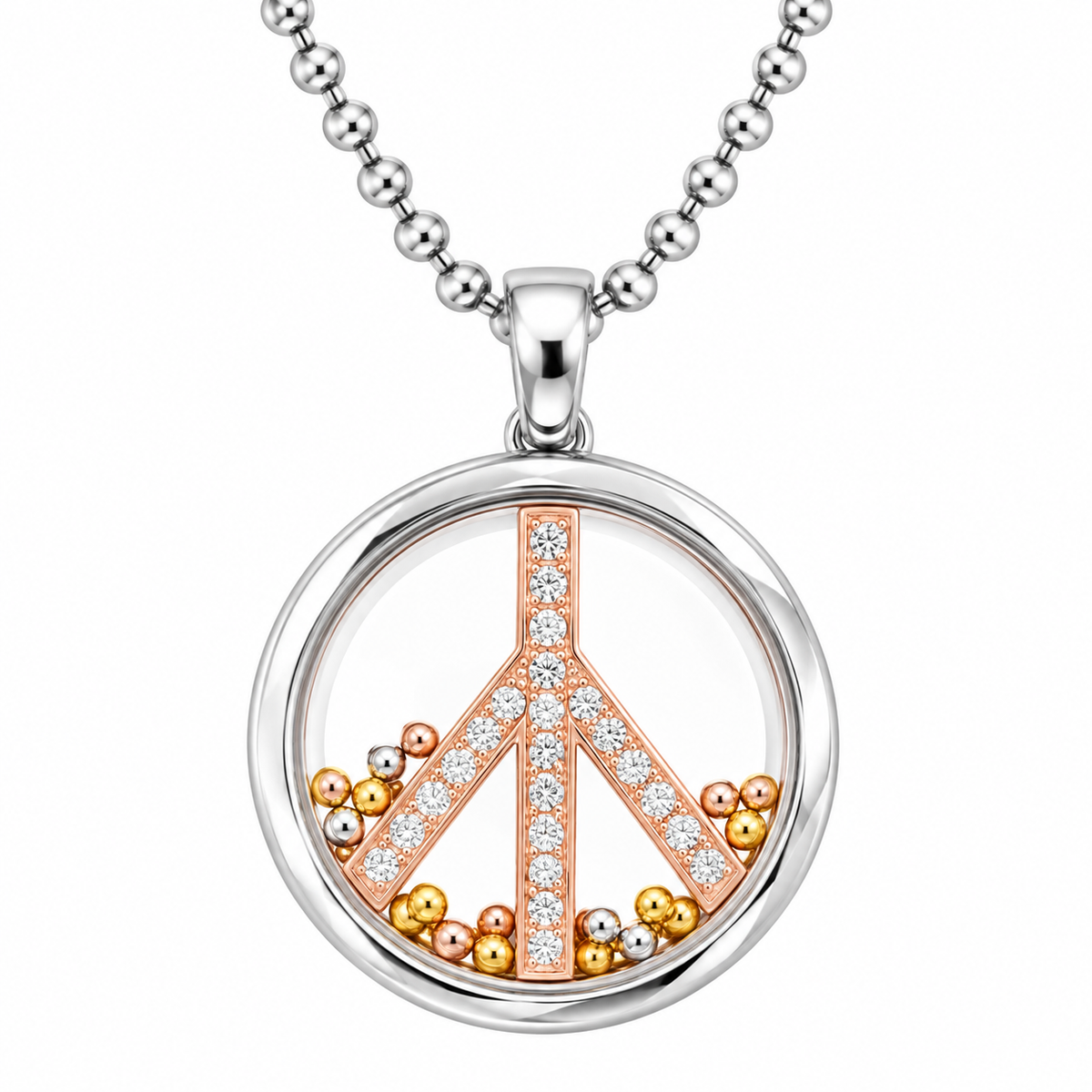 DiamondCelebritees 925 White Sterling Silver Peace Sign Floating Glass 0.25ct Cubic Zircon Pendant