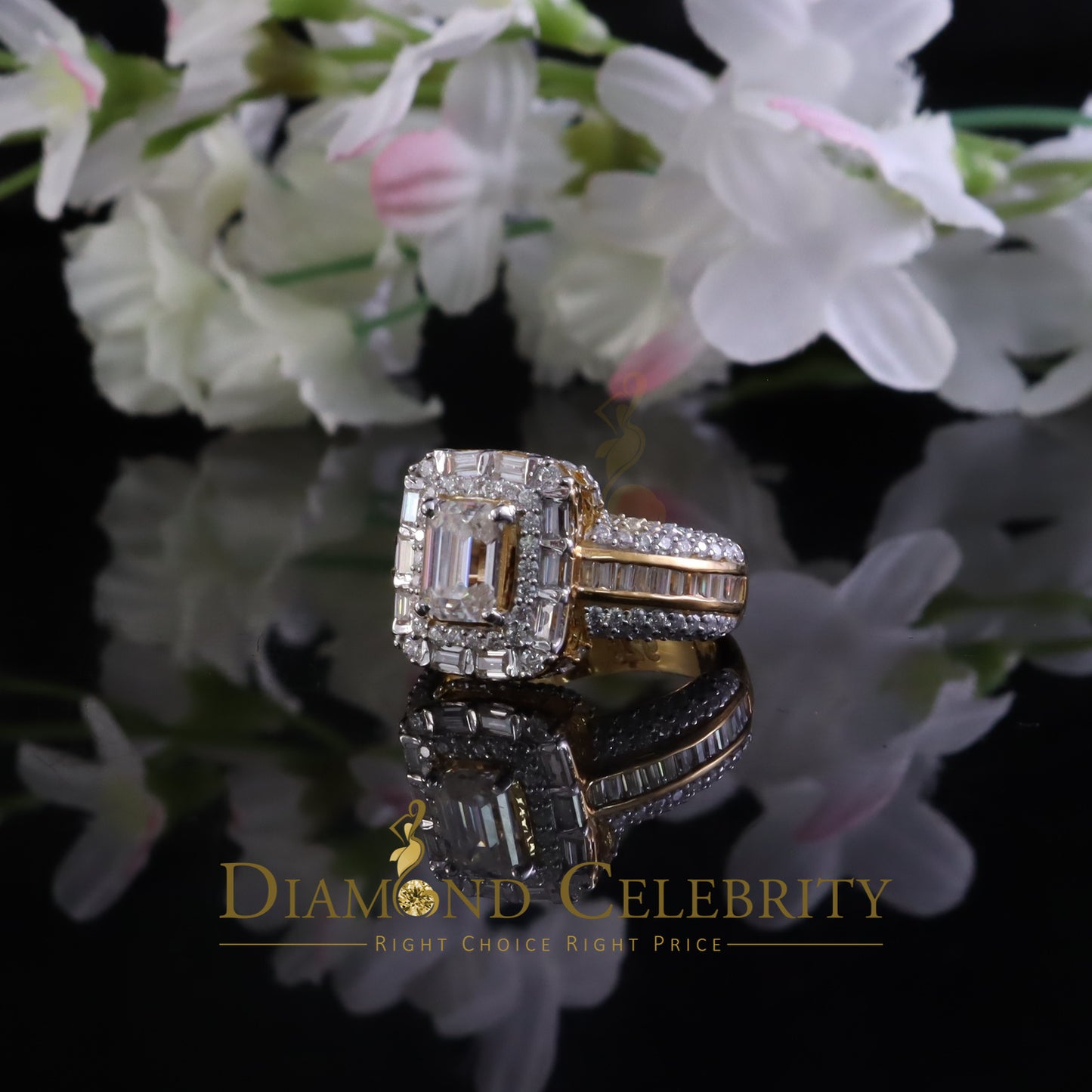 DiamondCelebritees 3.00ct VVS D Silver Yellow Emerald 925 Moissanite Square Baguette Ring SZ7 Women