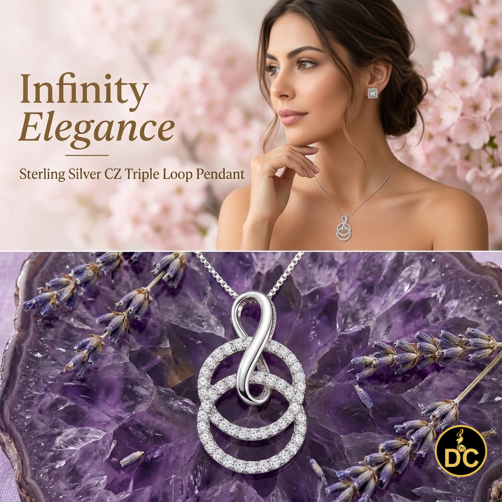 DiamondCelebritees White Silver Pendant Double Circle With Infinite Necklace 1.44ct Cubic Zirconia