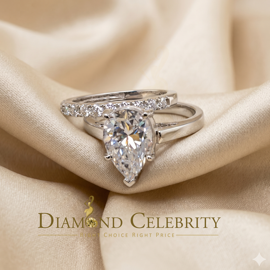 DiamondCelebritees 5.00ct Moissanite White Sterling Silver Men/ Women Bridal Ring Pear Shape Size 8