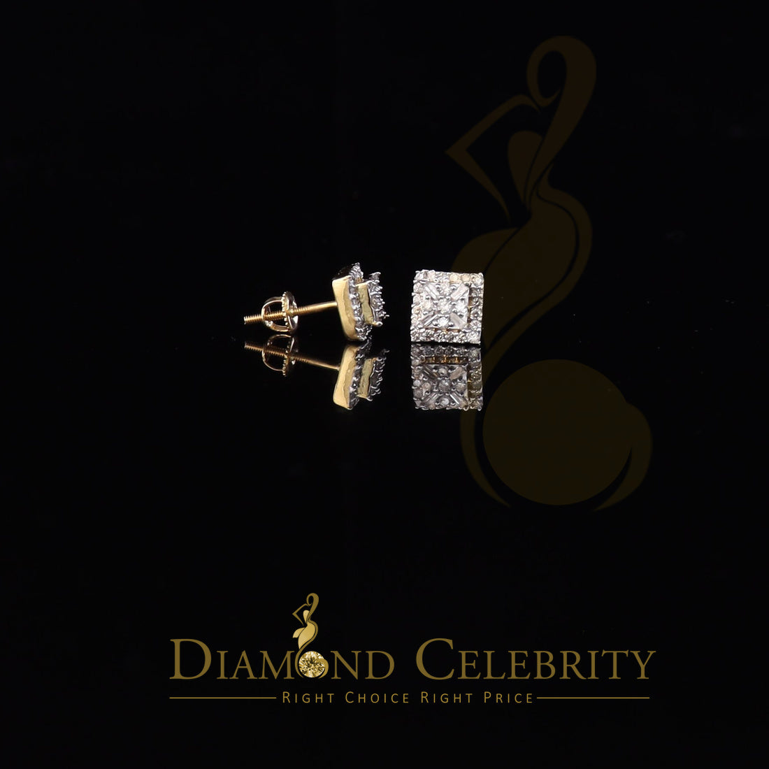 DiamondCelebritees 0.75 CT Real Diamond with 10K Real Yellow Gold Square Stud Earrings