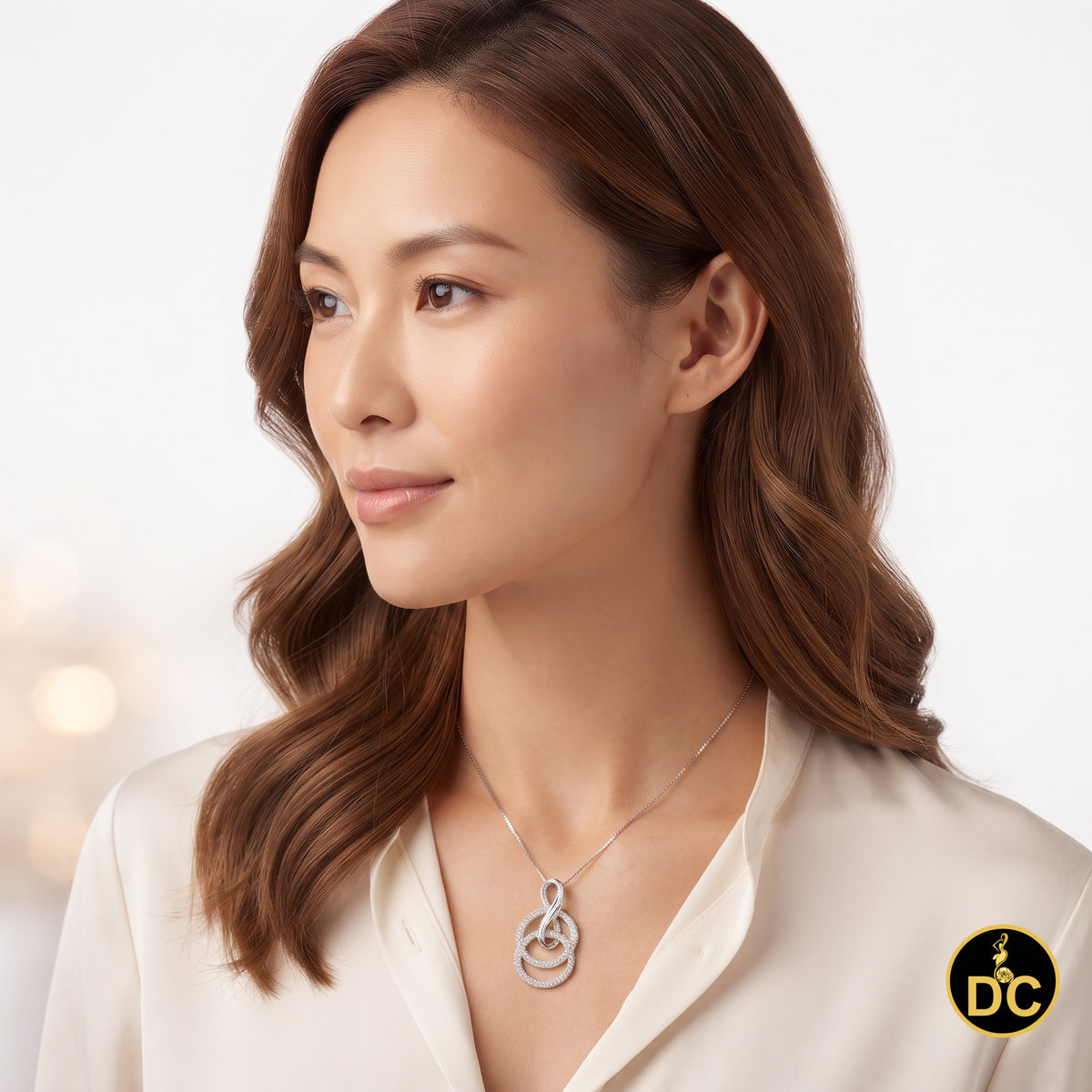 DiamondCelebritees White Silver Pendant Double Circle With Infinite Necklace 1.44ct Cubic Zirconia