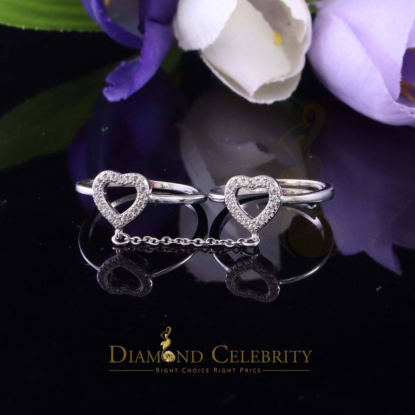 DiamondCelebritees Sterling White Silver 0.50ct Cubic Zirconia Heart Rings W/Connected Chain Size 6