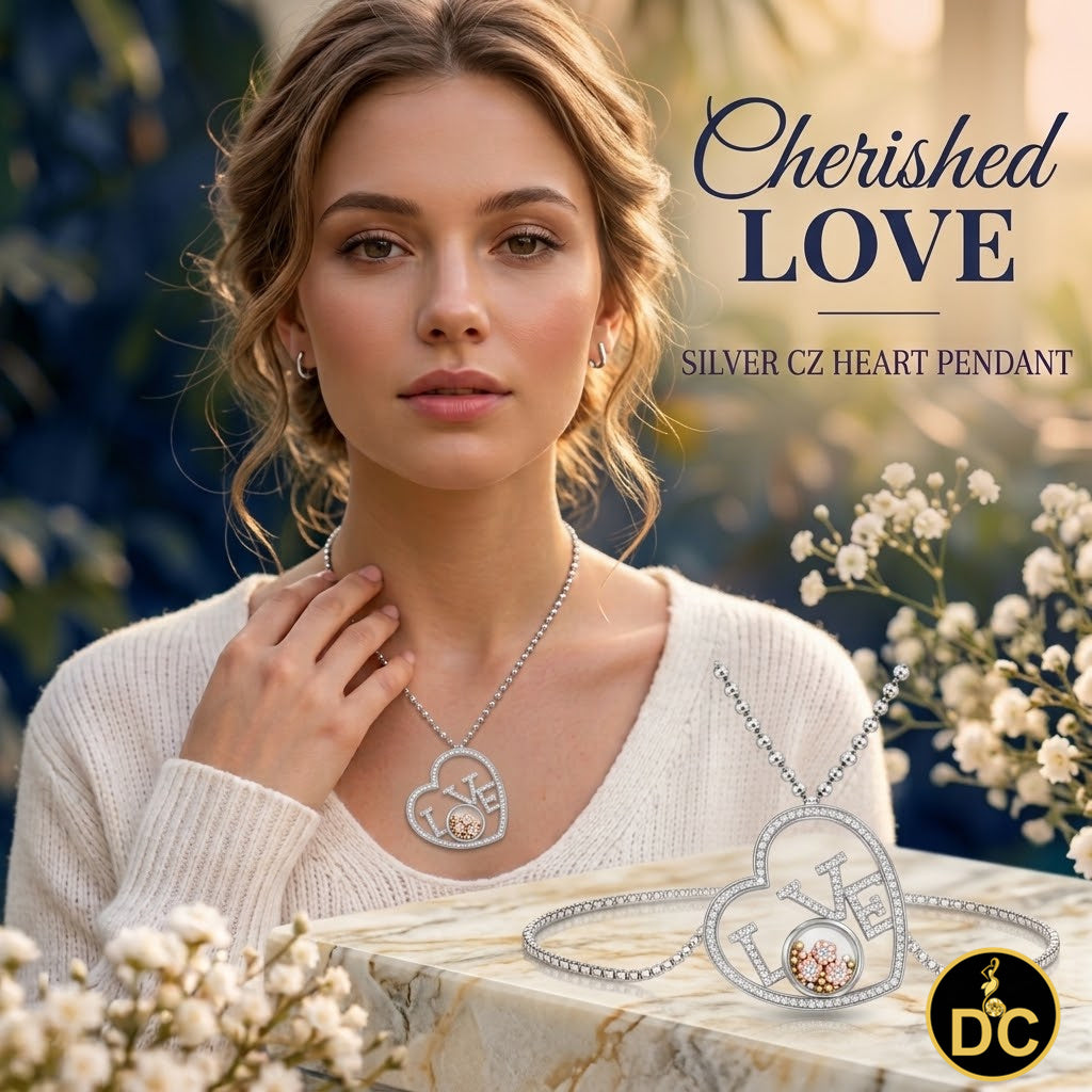 DiamondCelebritees 925 White Sterling Silver LOVE IN HEART Floating Bead Glass CZ Slide Pendant