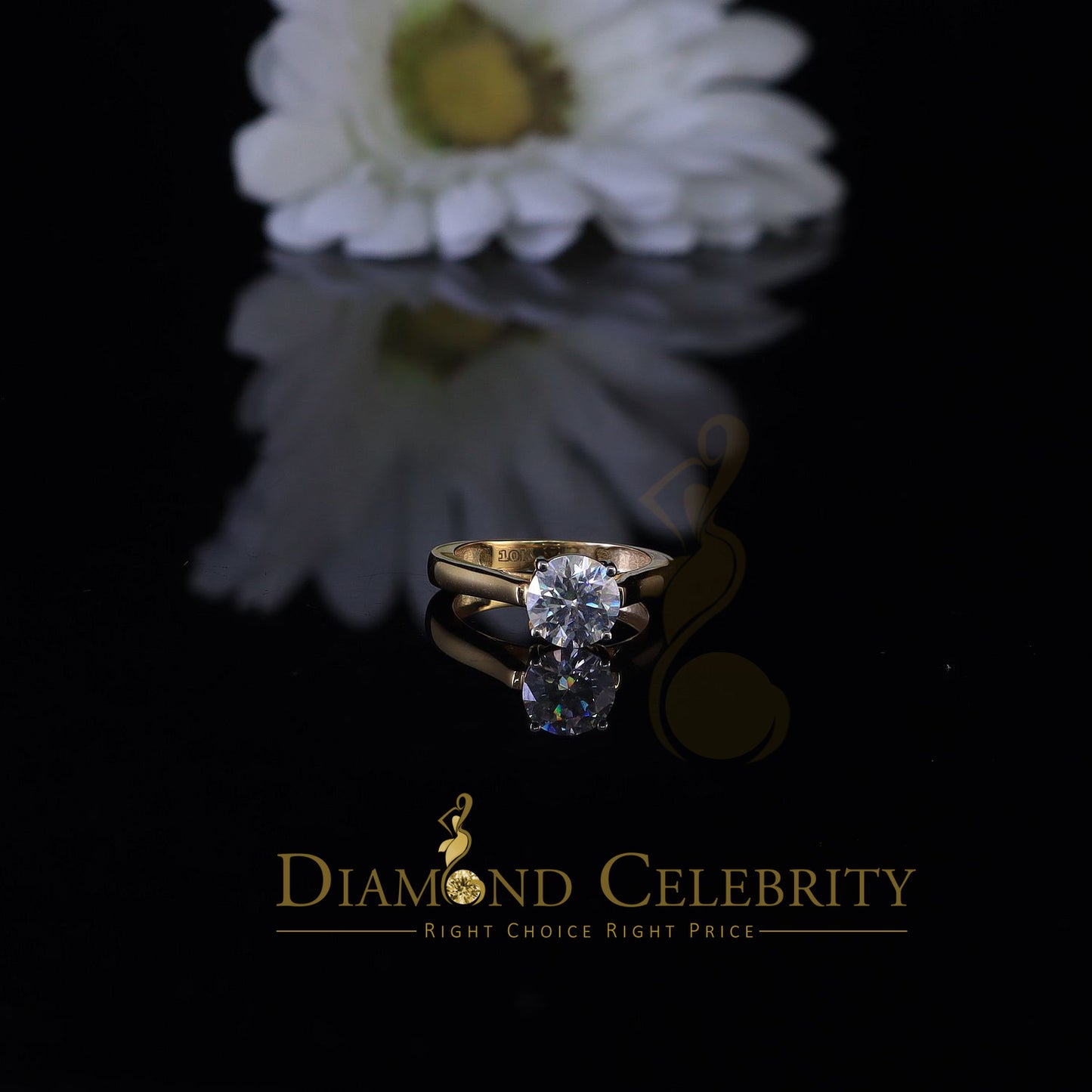 King Of Blings  10K Yellow Gold 2.00CT VVS'FL' D clr Round Solitaire Moissonite Womens Ring S/7