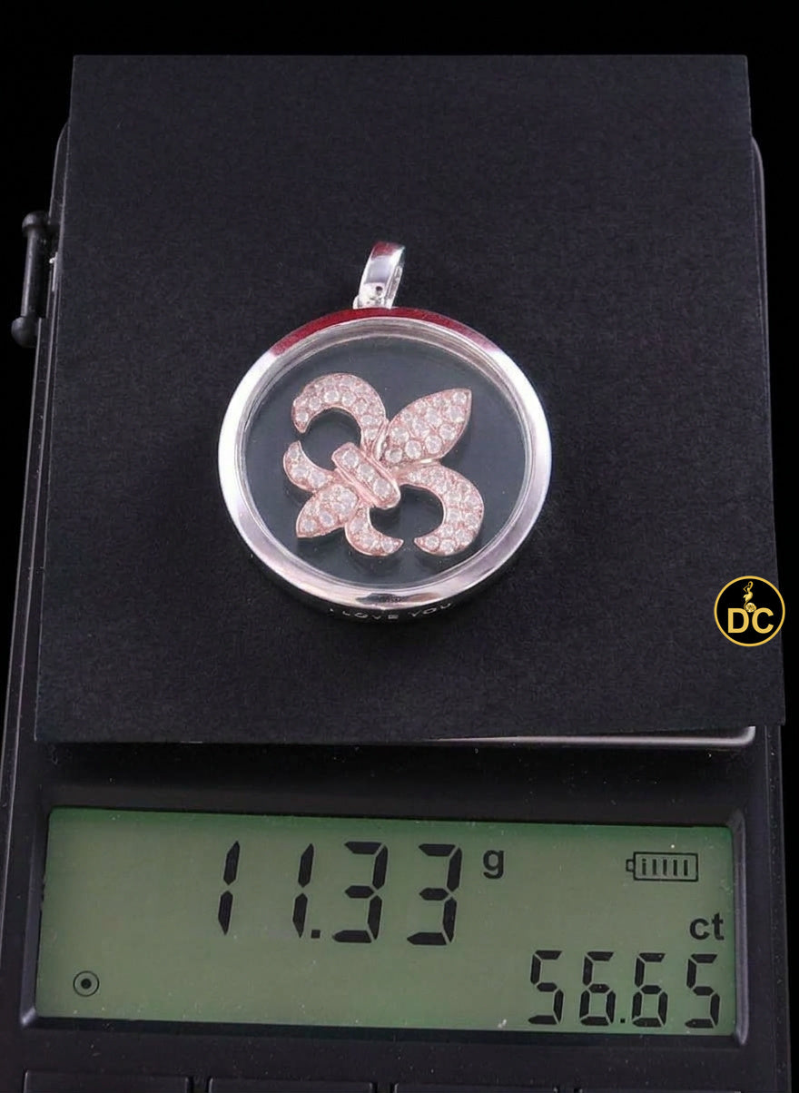 DiamondCelebritees 925 White Sterling Silver Fleur-de-Lis Floating Glass 1ct Cubic Zircon Pendant