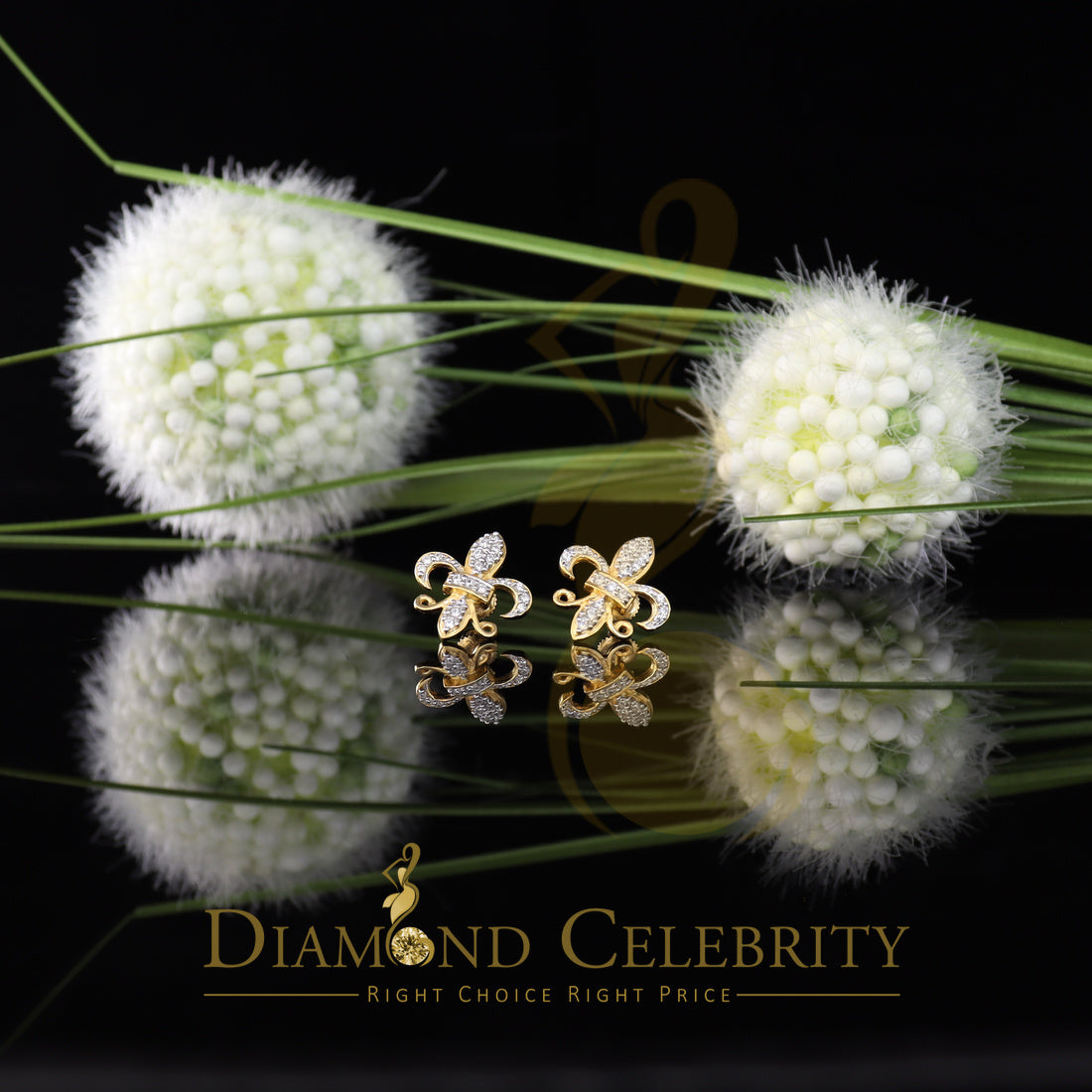 DiamondCelebritees  925 Yellow Silver Women's Fleur de Lis Screw Back 0.36ct Cubic Zirconia Earrings