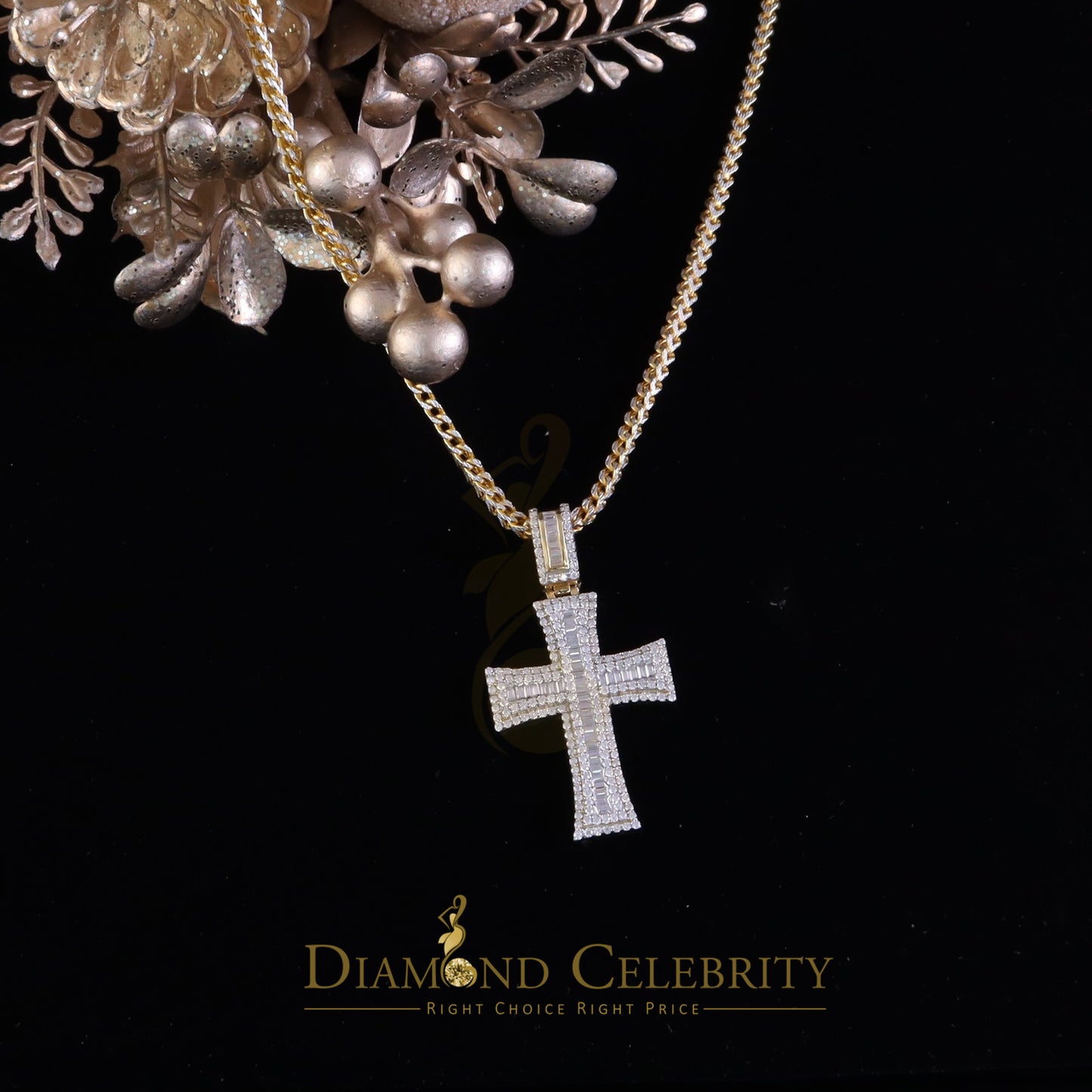 Diamondcelebritees Cross Pendant 925 Yellow Sterling Silver 2.25ct VVS D Clr. Moissanite for Women