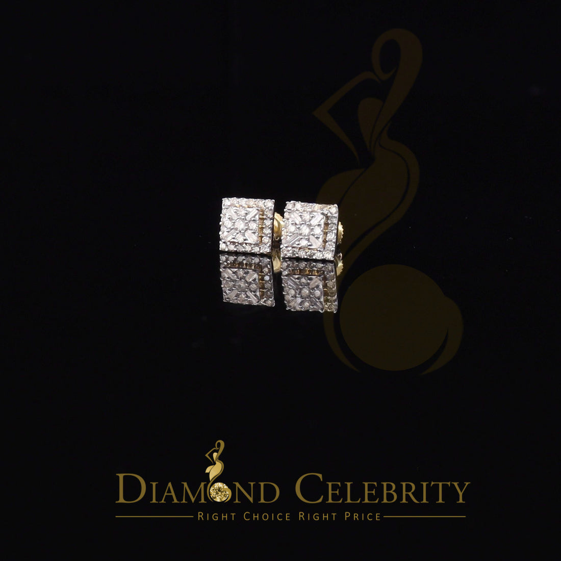 DiamondCelebritees 0.75 CT Real Diamond with 10K Real Yellow Gold Square Stud Earrings