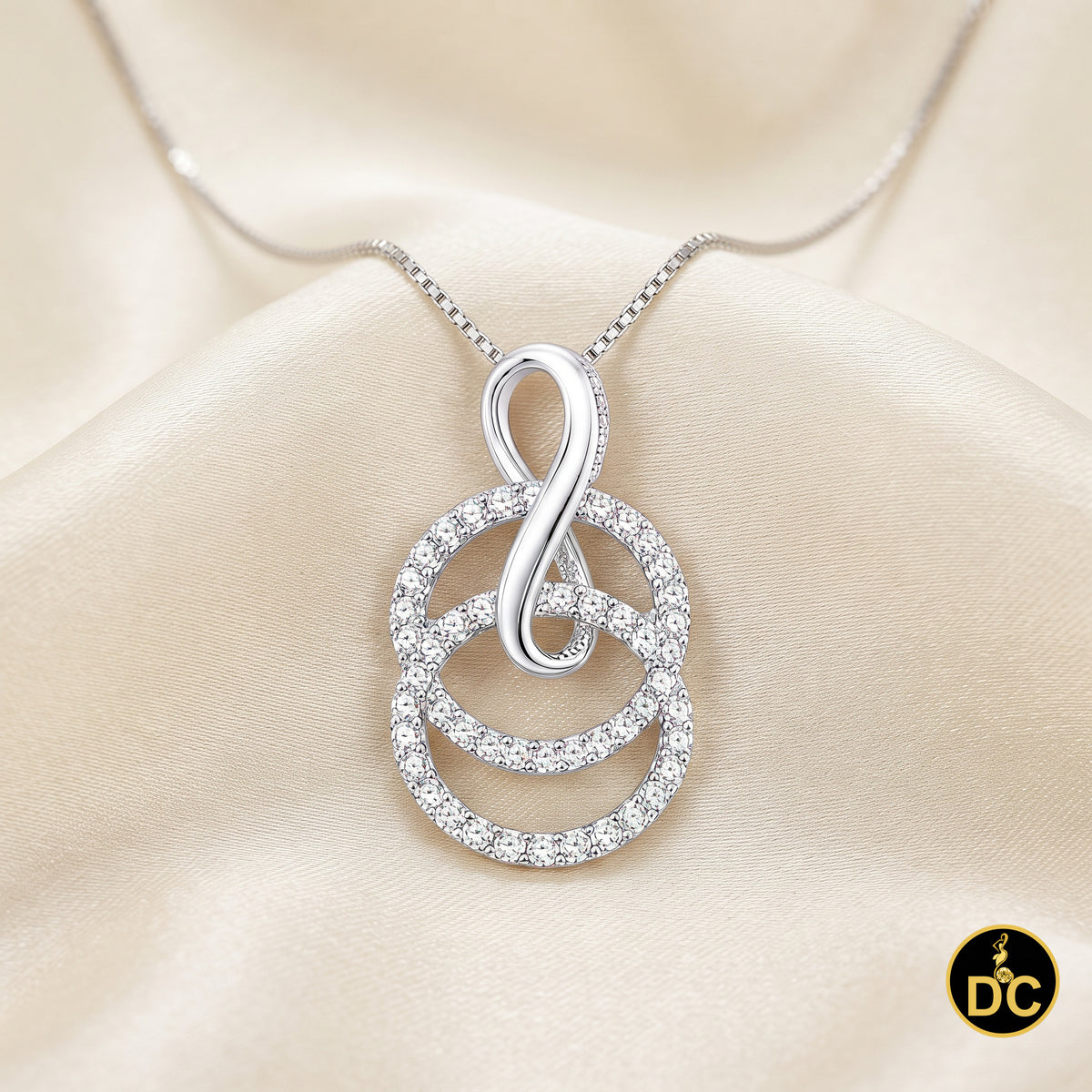DiamondCelebritees White Silver Pendant Double Circle With Infinite Necklace 1.44ct Cubic Zirconia