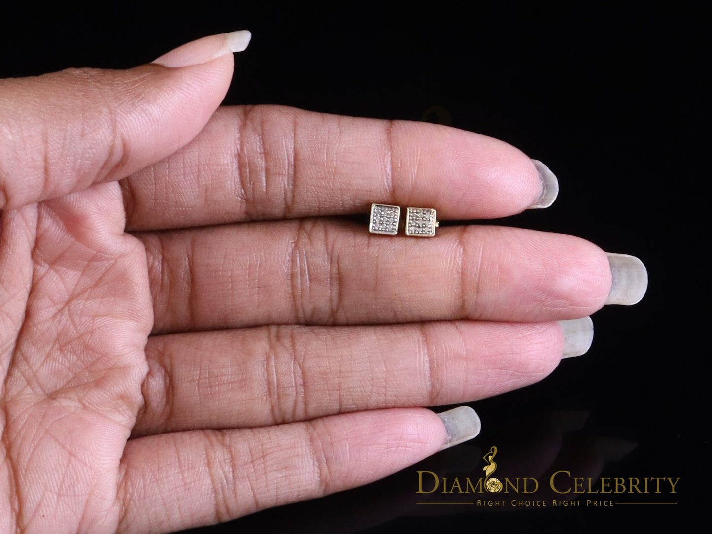 DiamondCelebritees 925 Yellow Silver 0.05ct Sterling Diamond Square Earring For Men's & Women's