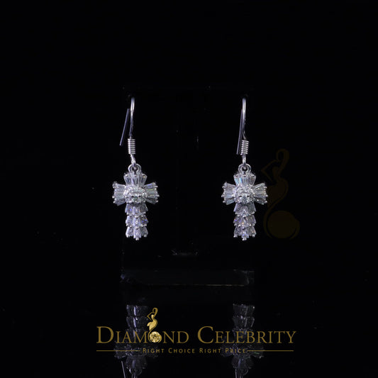 Diamondcelebritees 1.00ct Moissanite White 925 Silver Women's Dangling Cross Fish Hook Earrings