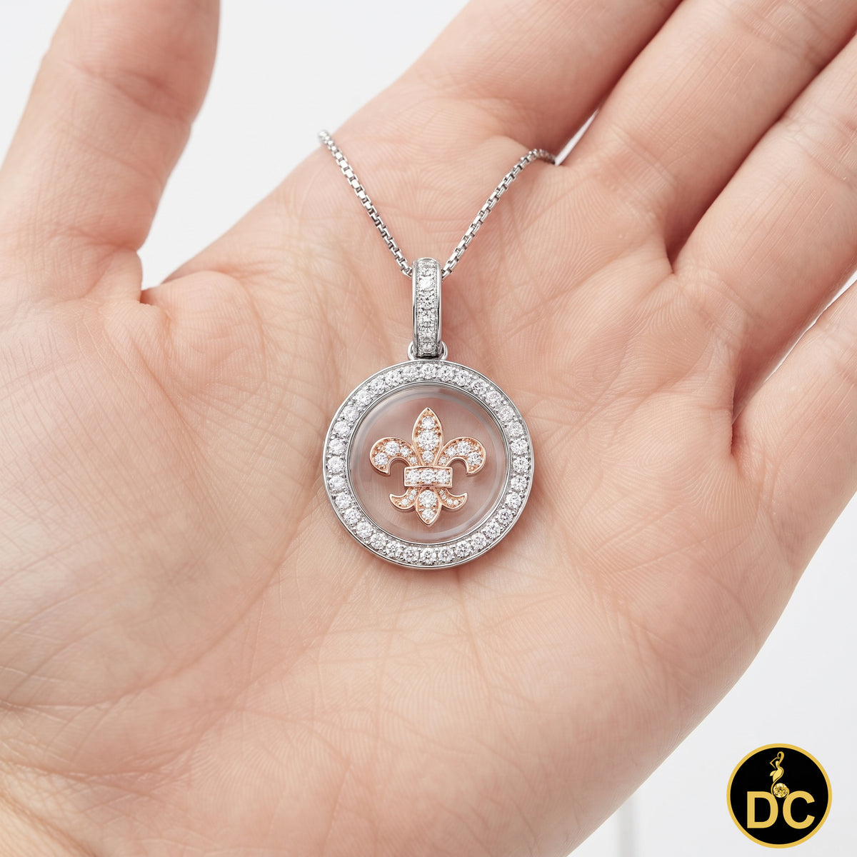 DiamondCelebritees 925 White Sterling Silver Small Fleur-de-Lis Floating Glass Cubic Zircon Pendat