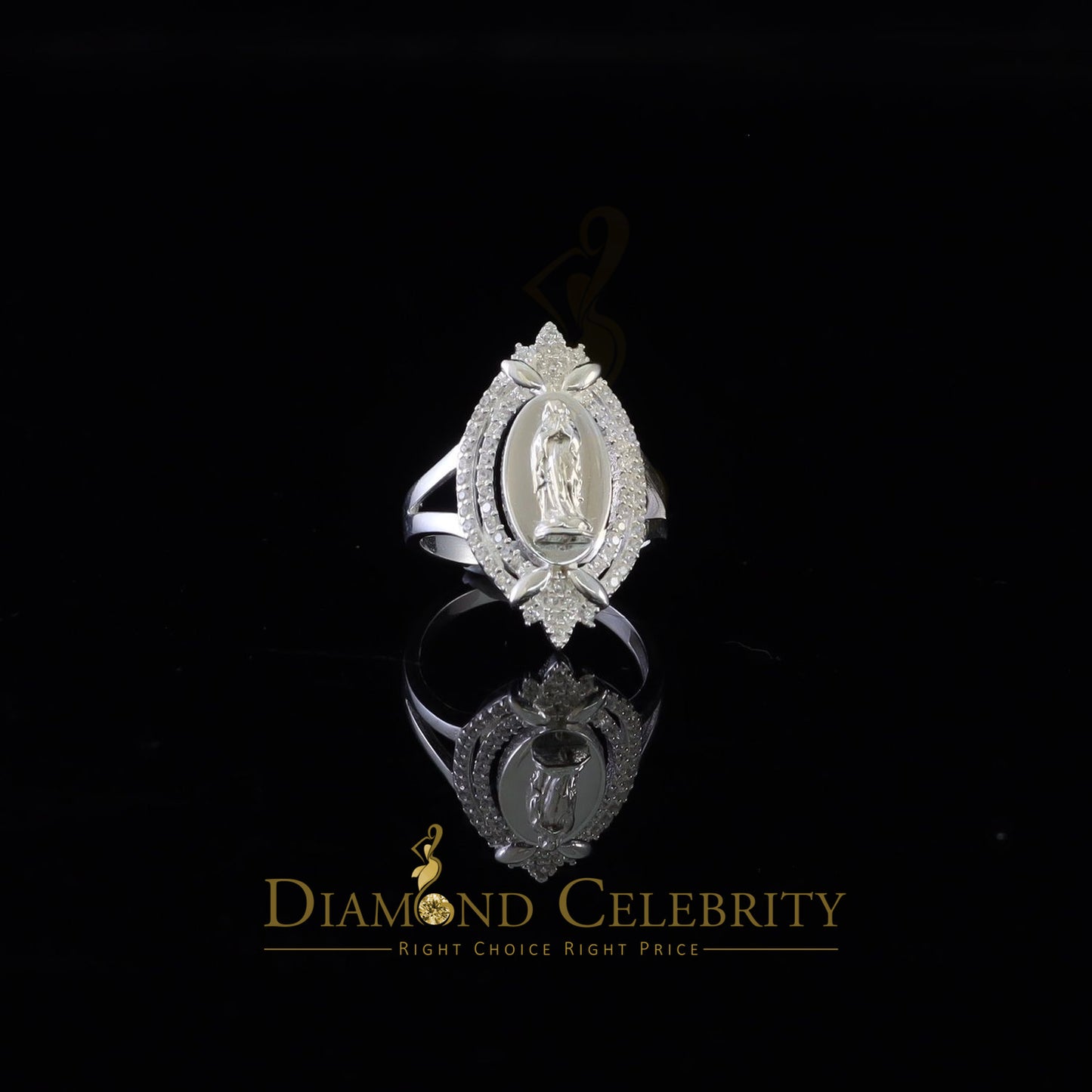 DiamondCelebritees 925 Silver White CZ Stone Blessed Virgin Mary Miraculous Medal Women Ring SZ 8
