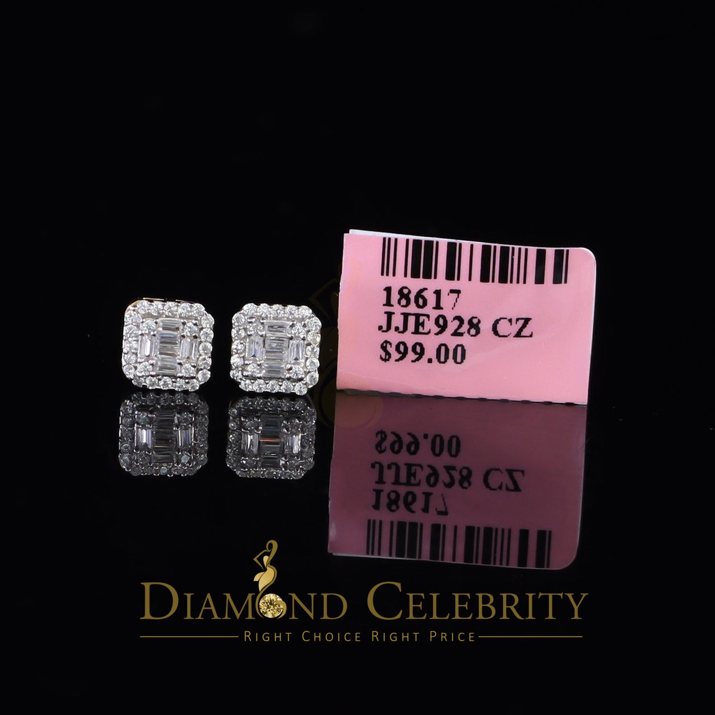 DiamondCelebritees  925 Yellow Silver 0.64ct Cubic Zirconia Women's & Men's Hip Hop Square Earrings