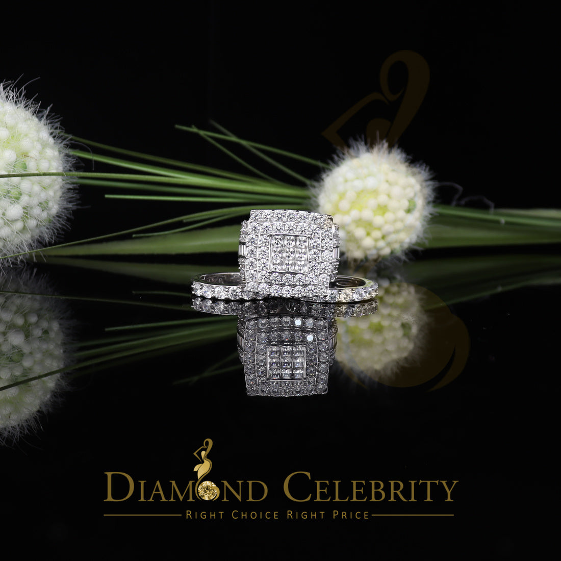 DiamondCelebritees 925 White Silver Square 22.41ct Cubic Zirconia Halo Trio Wedding Ring Size 9