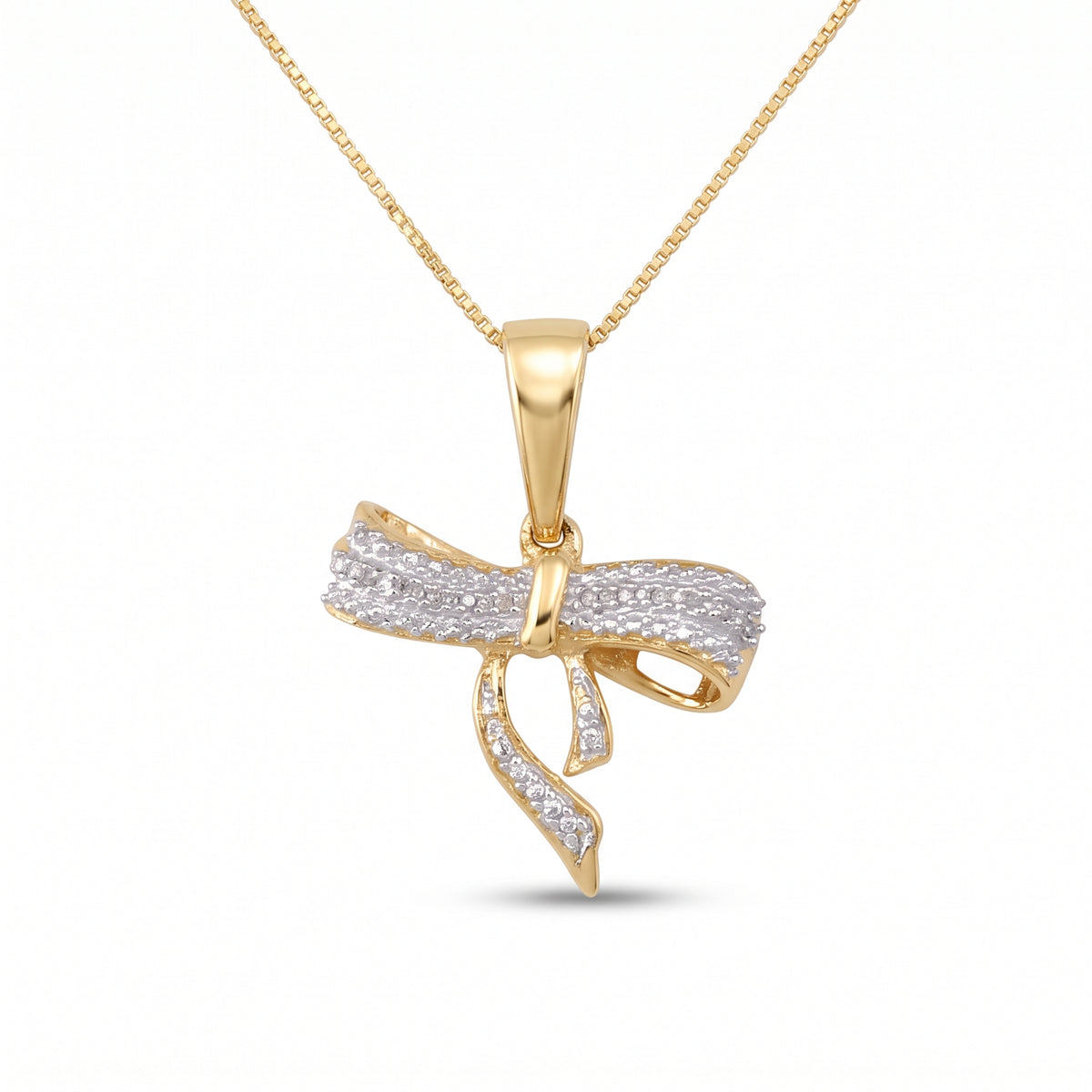 DiamondCelebritees  925 Sterling Silver Real 0.05CT Diamond Ribbon Bow Yellow 18mm Necklace Pendant