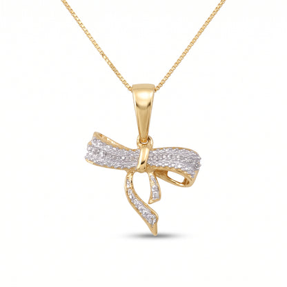 DiamondCelebritees  925 Sterling Silver Real 0.05CT Diamond Ribbon Bow Yellow 18mm Necklace Pendant