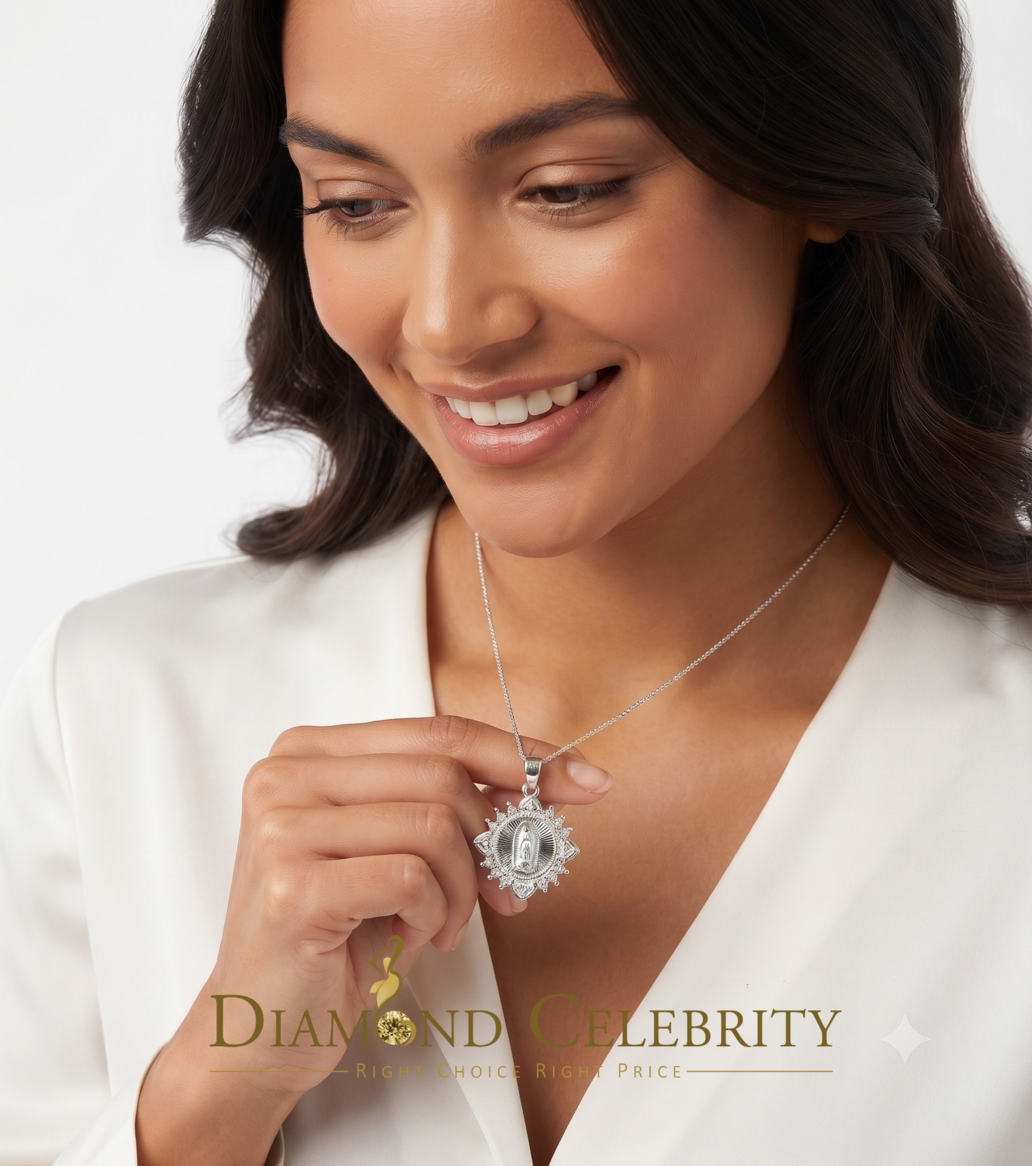DiamondCelebritees 925 Sterling Silver Circle Lady Guadalupe Men's/Women's Pendant White Religious