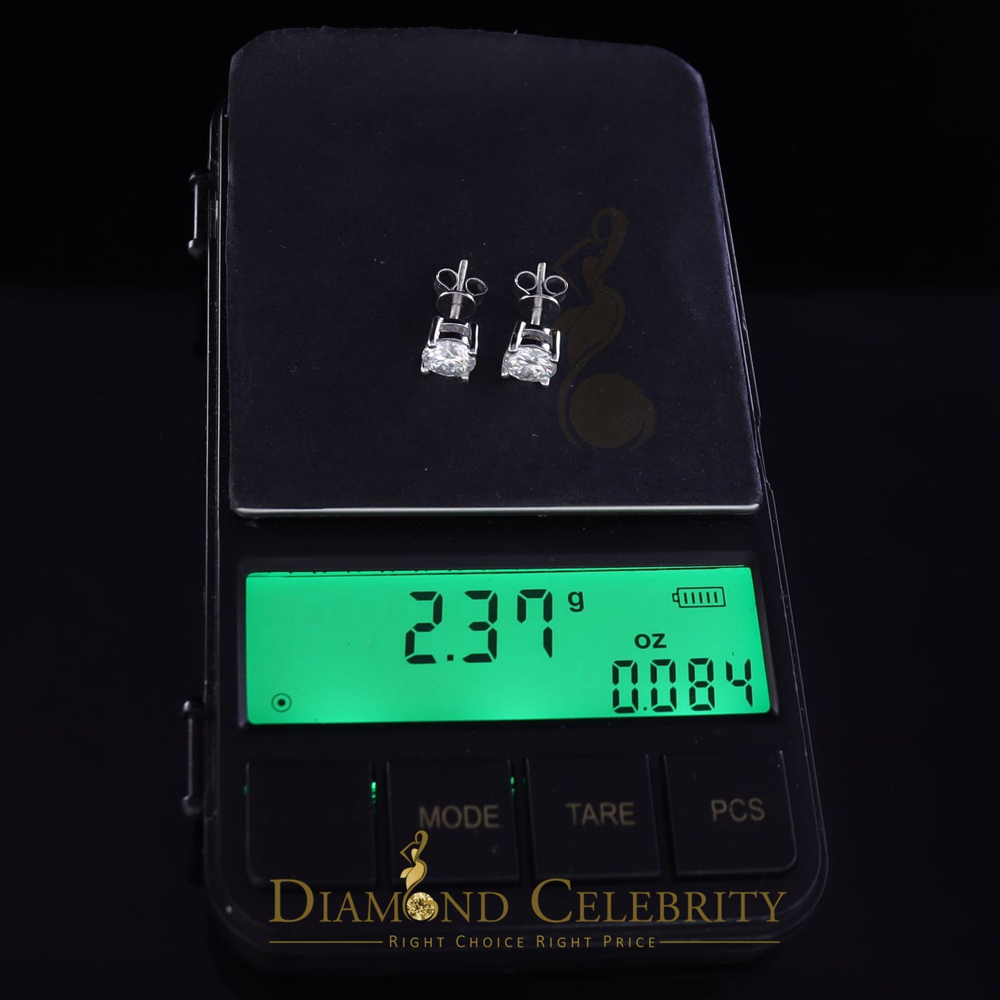 DiamondCelebritees 10K Real White Gold with 2.00ct Round VVS 'D' Color Moissanite Stud Earrings