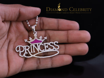 Diamondcelebritees  3ct Real Moissanite 925 Silver "PRINCESS" with Pink Enamel crown White Pendant