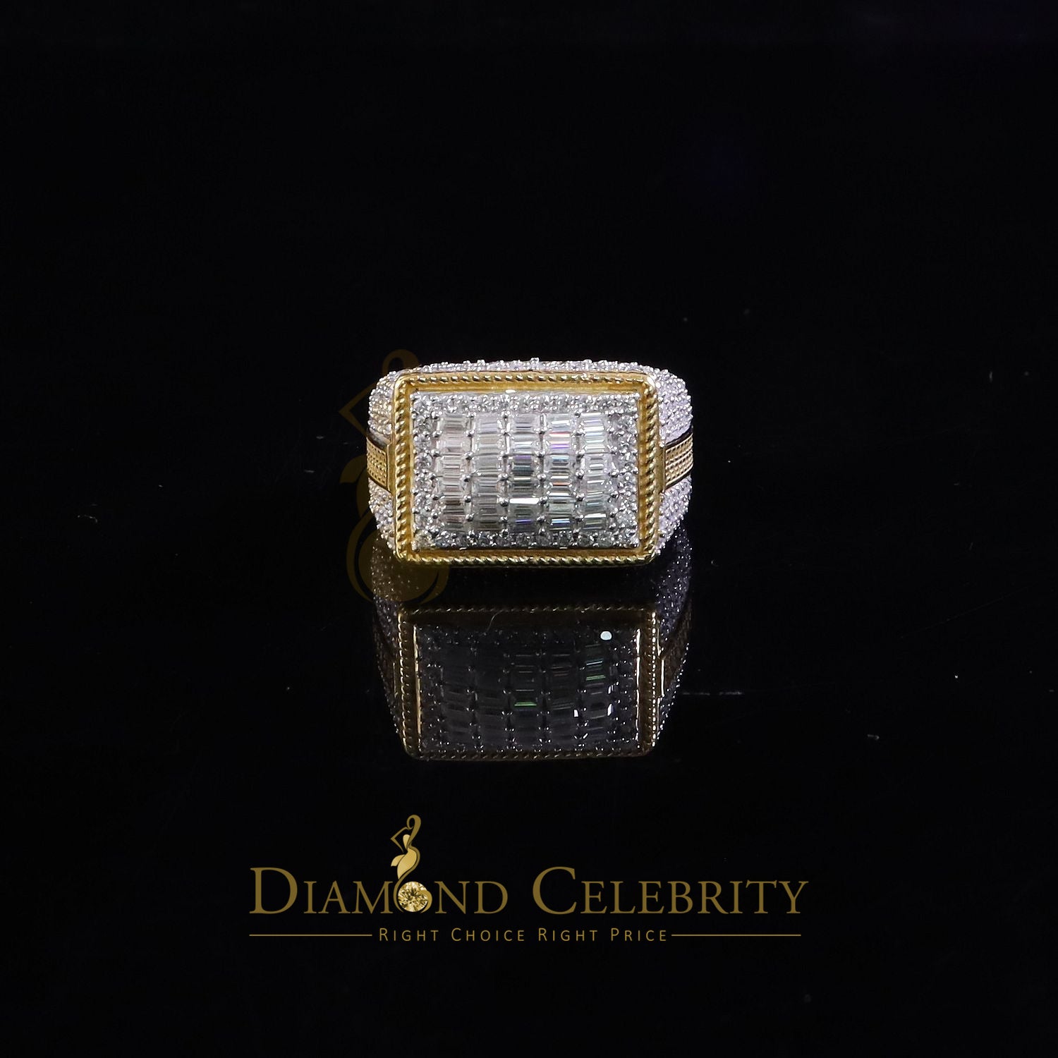 DiamondCelebritees Men's Baguette 4.50ct VVS 'D' Moissanite Yellow Silver 3D Rectangle Rings SZ 10