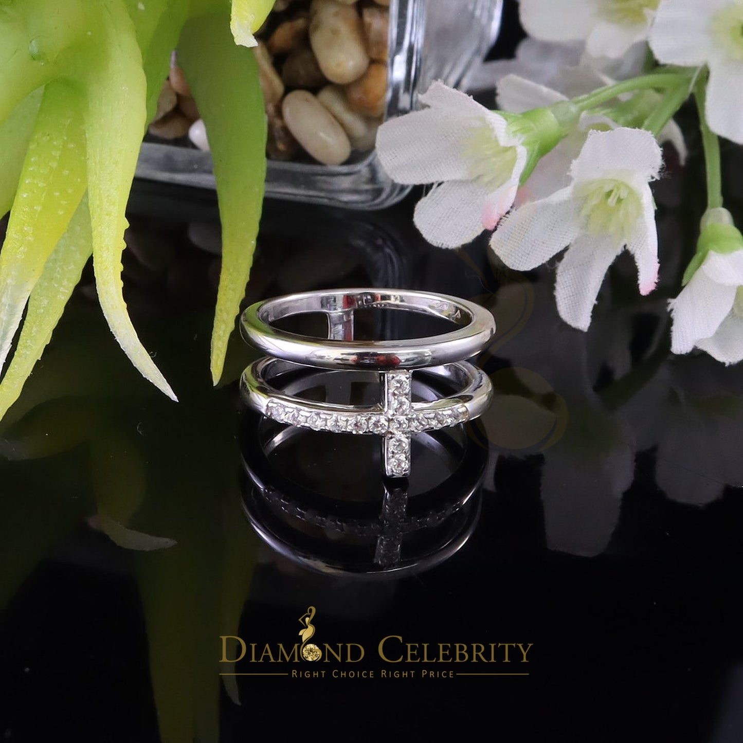 DiamondCelebritees 925 Sterling White Silver 0.20ct Cubic Zirconia Cross Shape Womens Ring Size 6.5