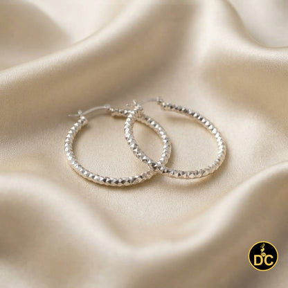 925 Sterling Silver Diamond-Cut Shimmering Honeycomb Textured 19mm Hoop Earrings