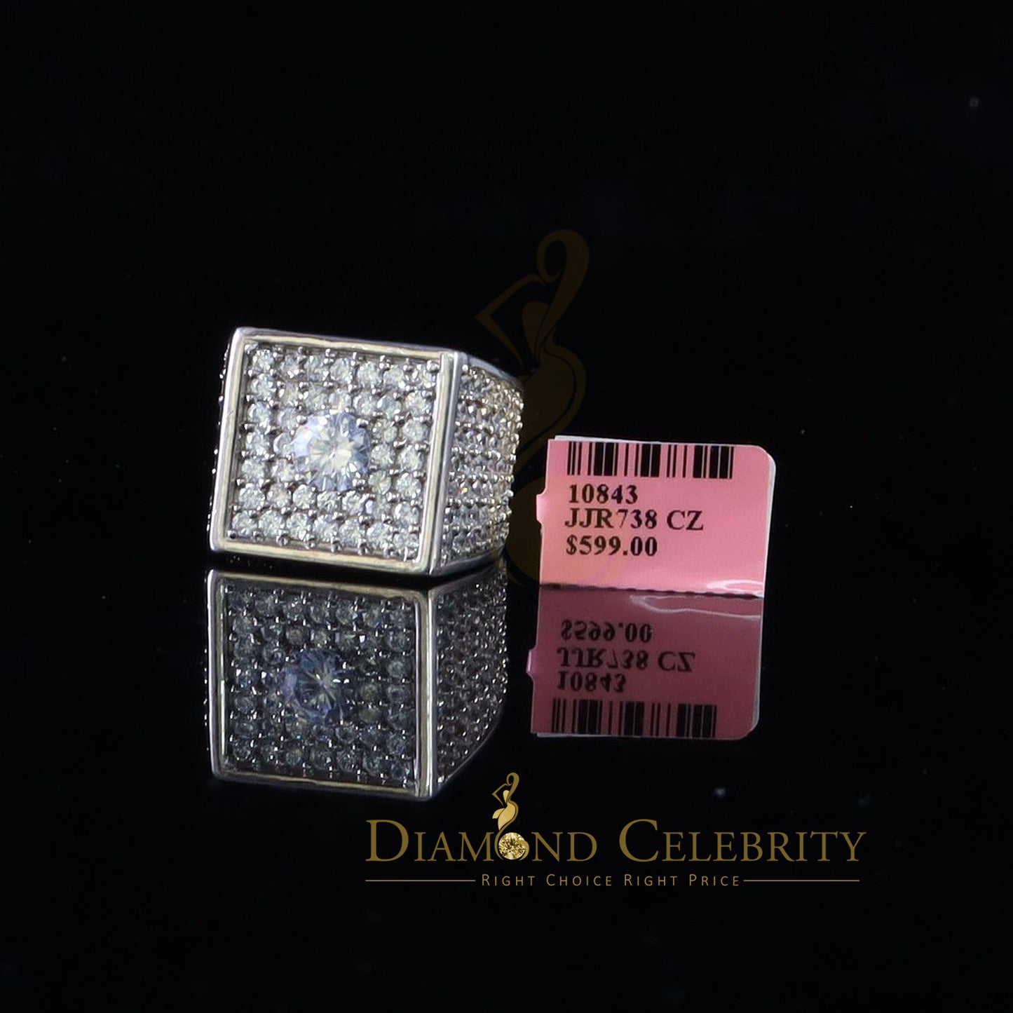 DiamondCelebritees Men's 19.0ct Cubic Zirconia white Silver Square Adjustable Ring From SZ 9 to 11