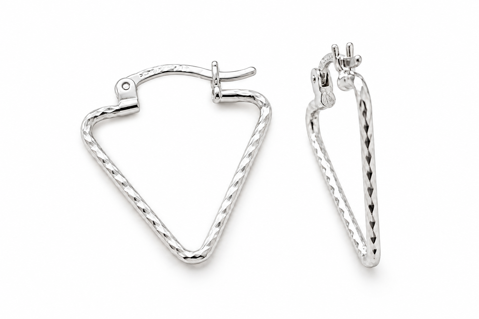 925 Sterling Silver Textured Geometric Diamond-cut Triangle Hoop 21mm Earrings