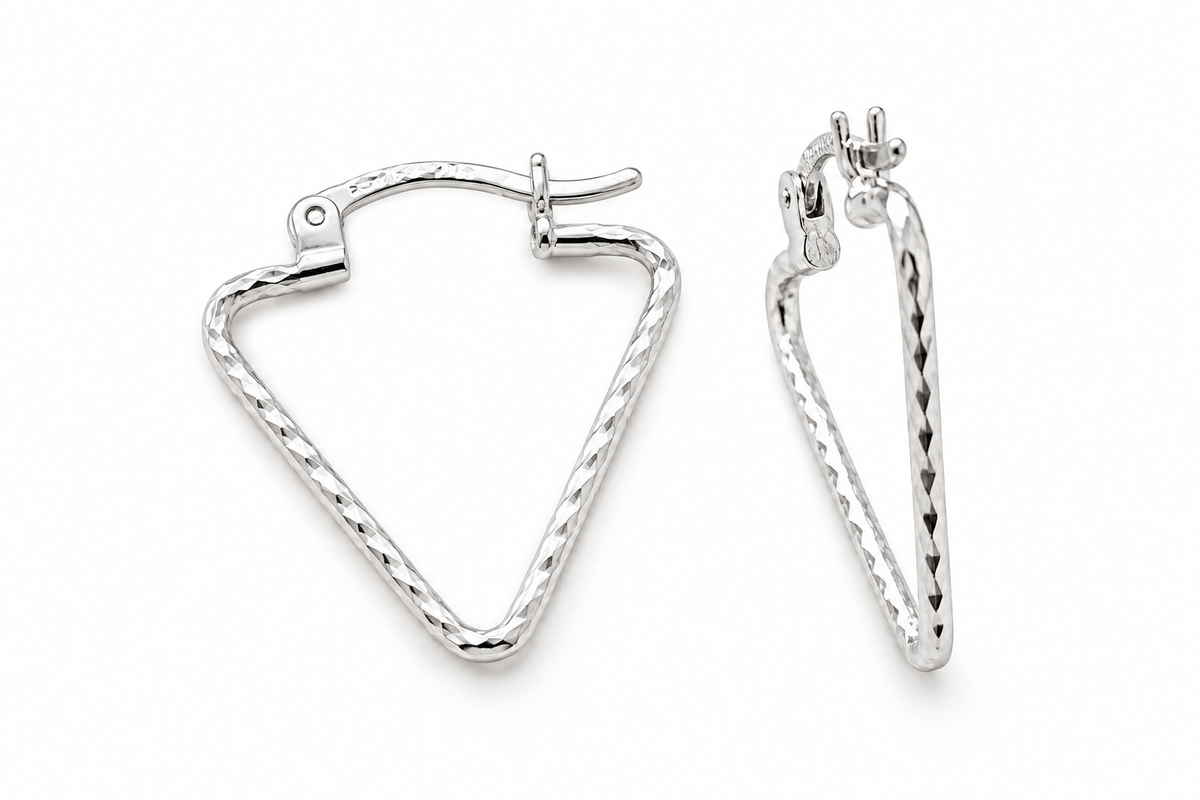 925 Sterling Silver Textured Geometric Diamond-cut Triangle Hoop 21mm Earrings