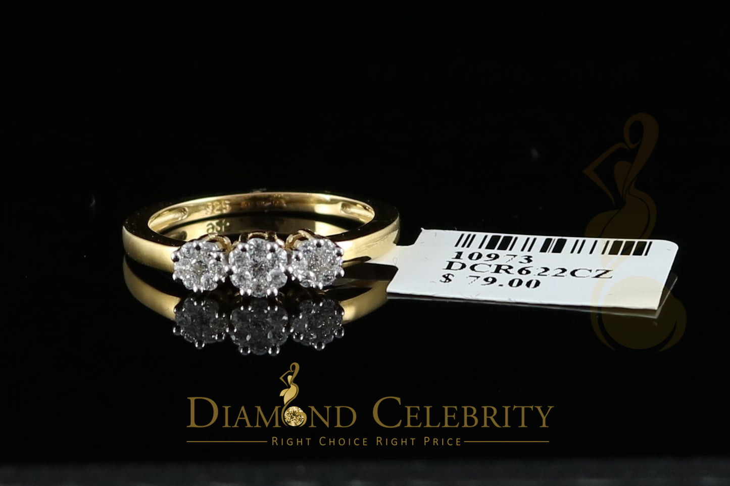 DiamondCelebritees 925 Yellow Silver Cubic Zirconia 1.25 ct Past Present Future Womens Ring Size 6