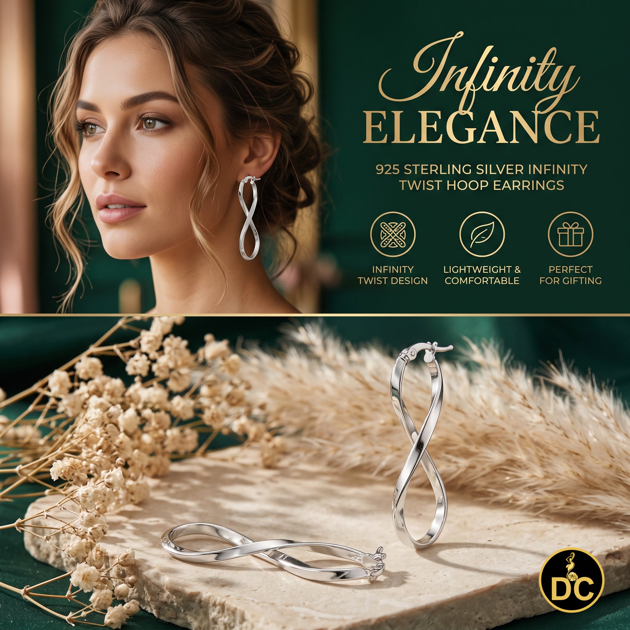 925 Silver Twisted Figure 8 Infinity symbol/crazy 8 silhouette 35mm Hoop Earring